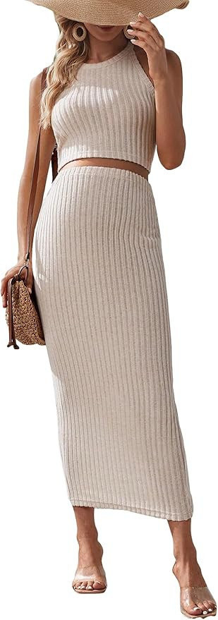 OYOANGLE Women's Maternity 2 Pieces Outfits Ribbed Knit Sleeveless Tank Top and Adjustable Waist ... | Amazon (US)