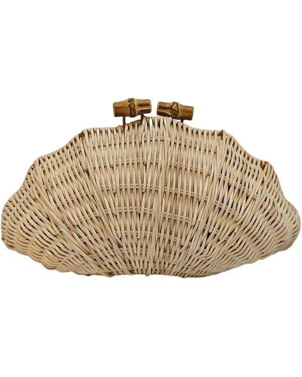 UMREN Hand-woven Shell Shaped Rattan Clutch Bag Summer Straw Clutch Purse Beach Wicker Handbags f... | Amazon (US)