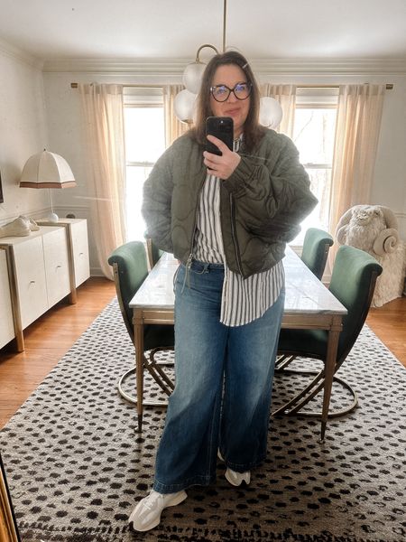 Casual weekend outfit and super comfortable - wide leg jeans, sneakers, and an oversized striped button down shirt. Because it’s cold out today, I popped this quilted green jacket over the top. 

#LTKmidsize #LTKover40 #LTKplussize