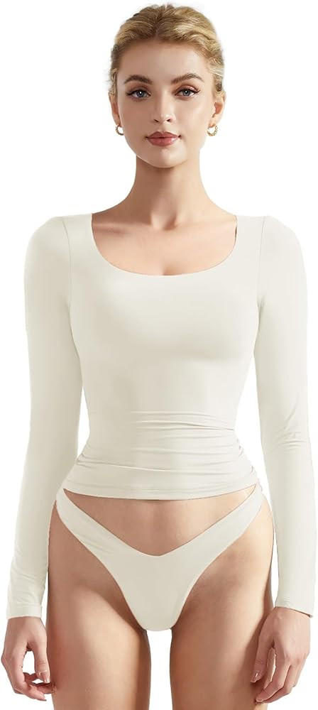 SUUKSESS Women Double Lined Scoop Neck Long Sleeve Crop Tank Tops Round Basic Shirts | Amazon (US)