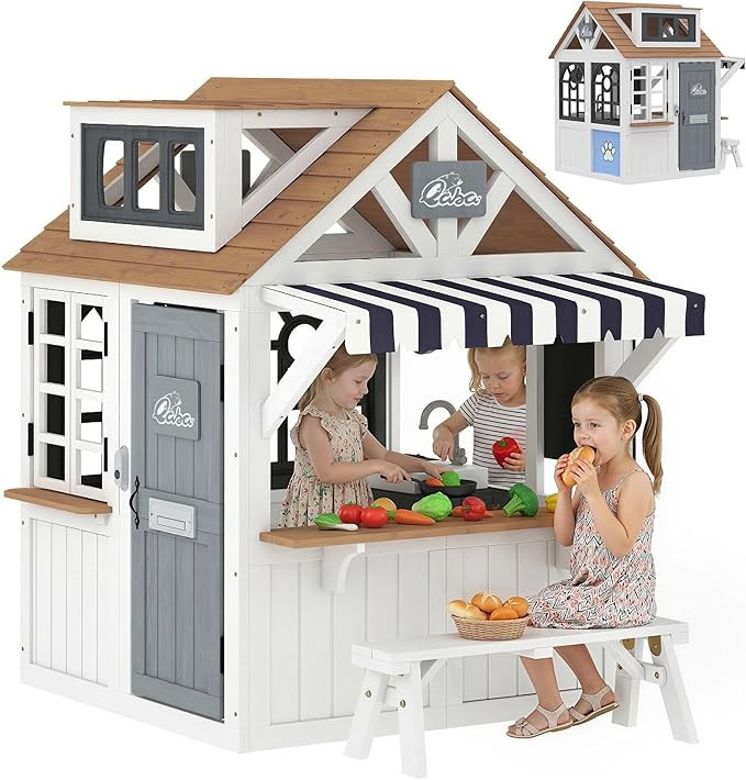Qaba Outdoor Playhouse, Wooden Kids Playhouse with Dog Door, Kids Cottage with Cookware, Blackboa... | Amazon (US)