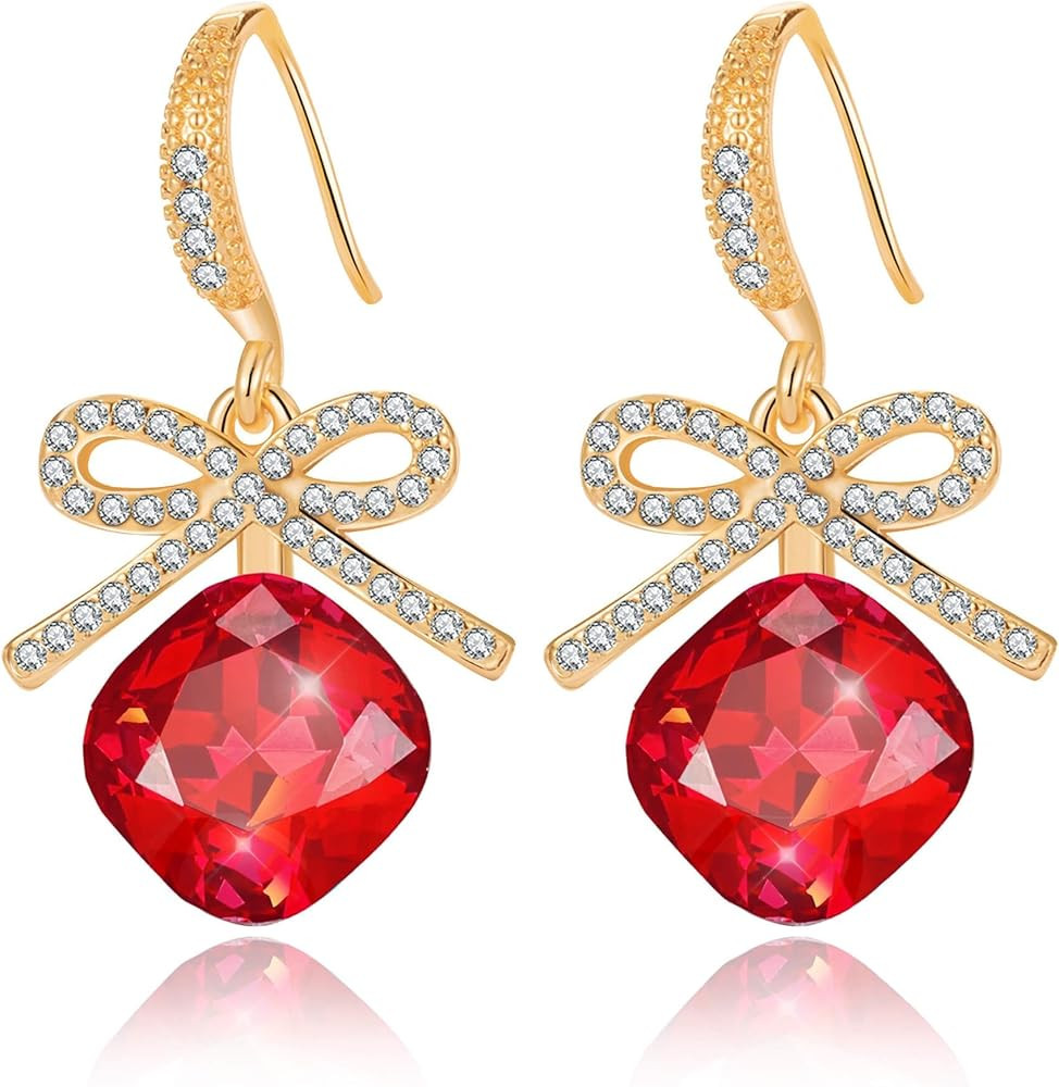 EVEVIC Austrian Crystal Cushion Bow Drop Earrings for Women 14K Gold Plated Hypoallergenic Dangle... | Amazon (US)