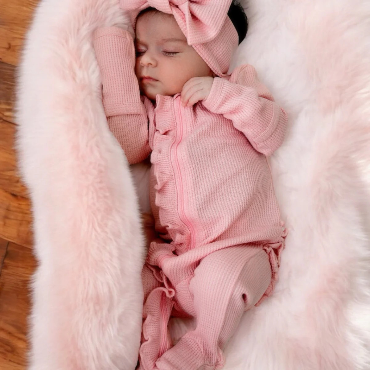 Organic Waffle Ruffle Zip Footie, Pink | SpearmintLOVE