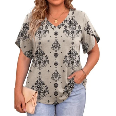 WellSize Plus Size Blouses for Women V Neck Short Petal Sleeve Tunic Tops Casual Summer Floral Shirts | Walmart (US)