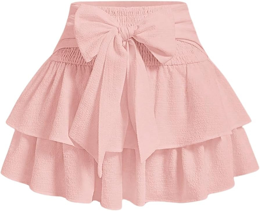 BEAUDRM Women's Bow Front Mini Skirt High Shirred Waist Layered Ruffle Hem Short Cake Skirts | Amazon (US)