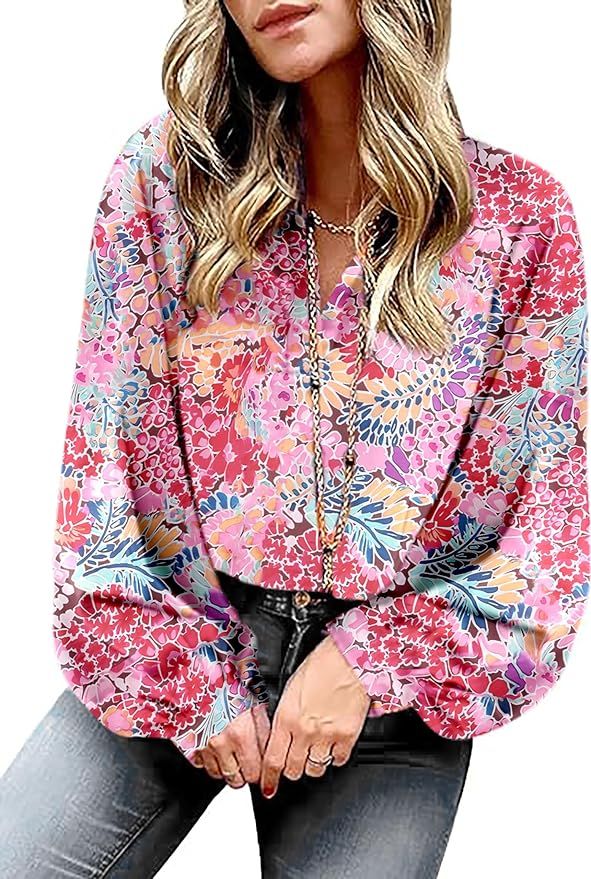 Womens Blouses v Neck Floral Shirts Long Sleeve Blouse 2024 Trendy Casual Spring Summer Top | Amazon (US)