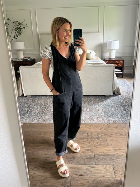 Casual church outfit this morning. My top is an old one from Madewell so I linked some others  

Free People | Look for less | black overalls | roller jumpsuit | reef sandals 