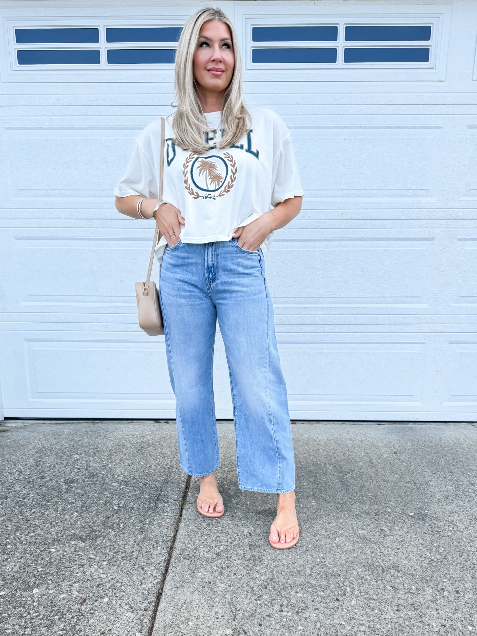 Denim jeans with a slight barrel leg (I sized up one) 
Cropped T-shirt 
Tkees flip flops 


#LTKStyleTip #LTKShoeCrush #LTKFindsUnder100