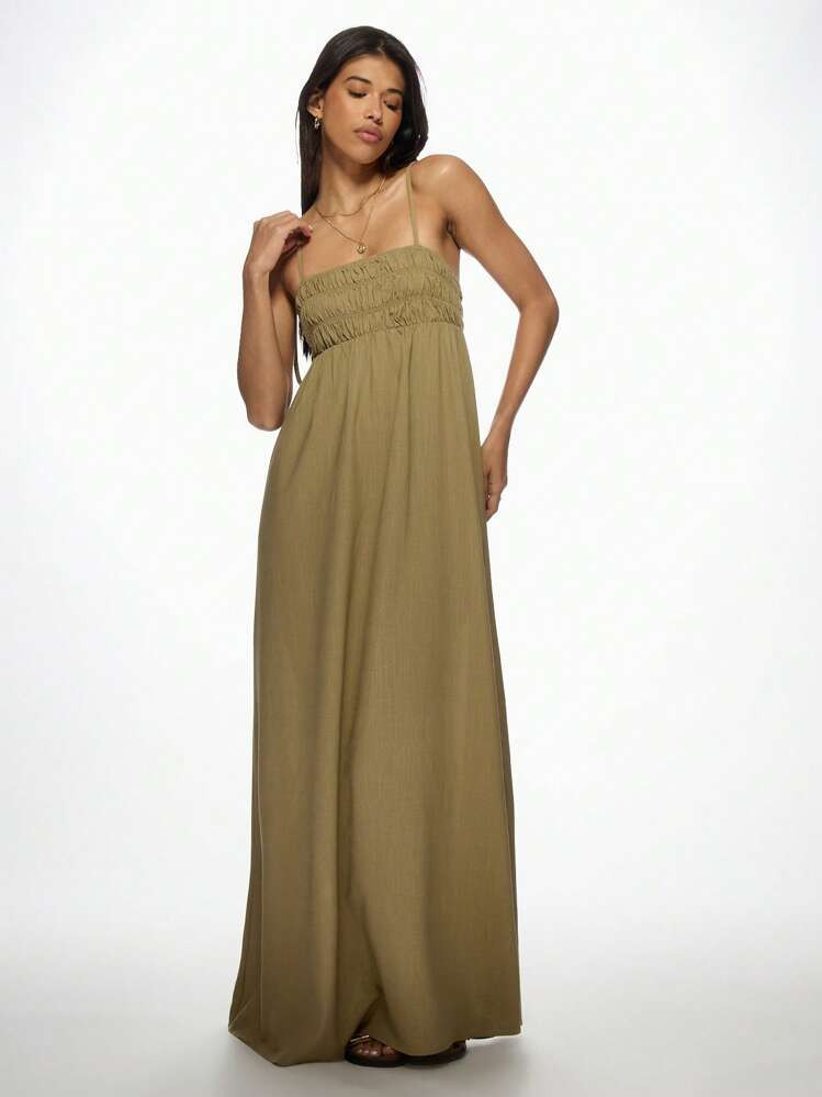 MISSGUIDED Linen Shirred Bust Detail Tie Knot Detail Maxi Dress | SHEIN