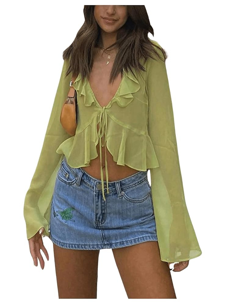 GORGLITTER Women's Tie Front Ruffle Tops Sheer Mesh See Through Long Bell Sleeve Blouse Tops | Amazon (US)