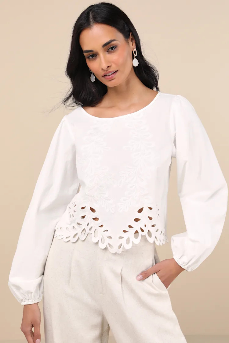 Adjoa White Embroidered Scalloped Blouson Sleeve Top | Lulus