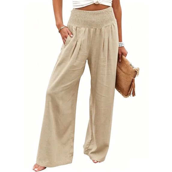VDJ Women's Casual Wide Leg Pants Summer Boho High Waisted Beach Palazzo Trousers Flowy Lounge Pa... | Walmart (US)