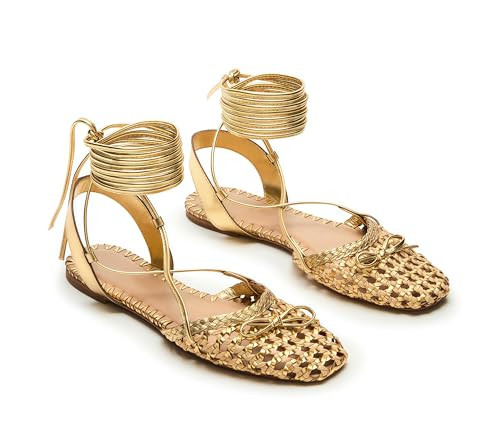 Woven Ballet Flats for Women Lace Up Closed Square Toe Summer Flats Shoes | Amazon (US)