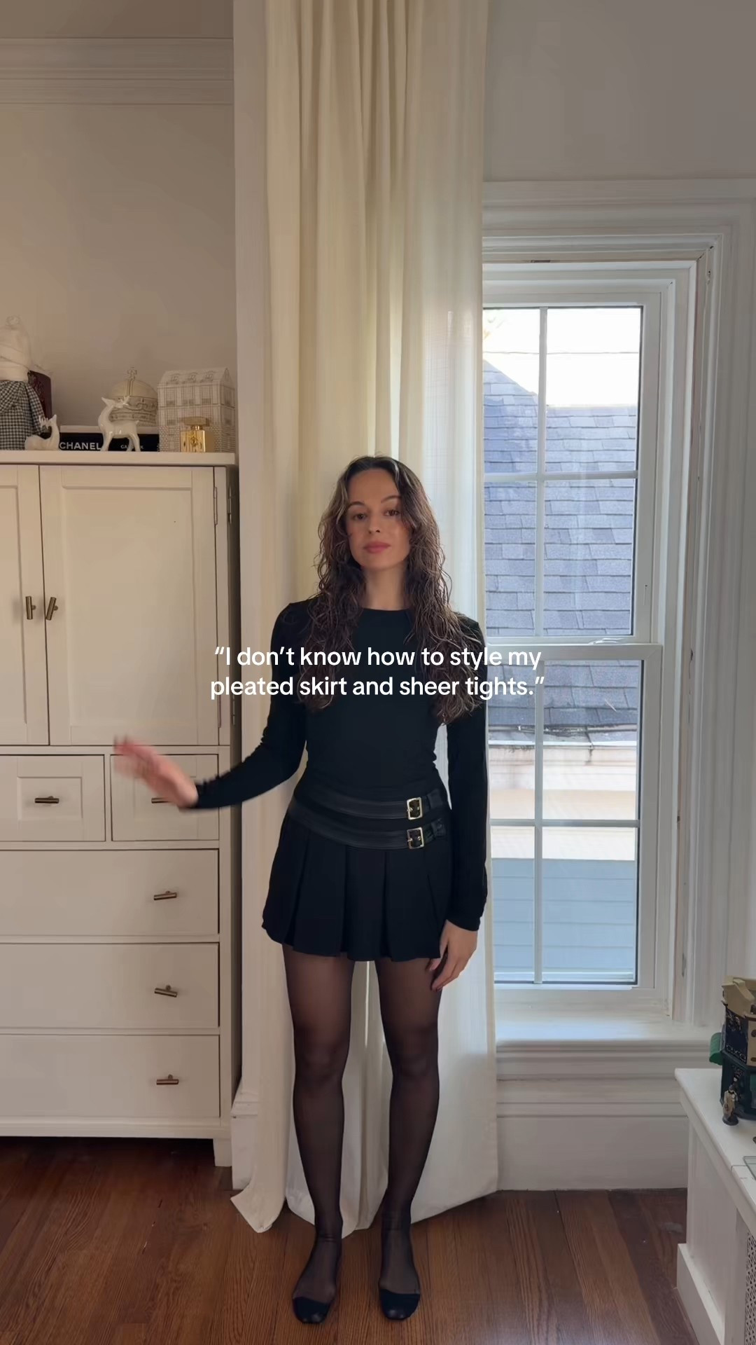 Winter outfit inspo:  pleated skirt and sheer tights