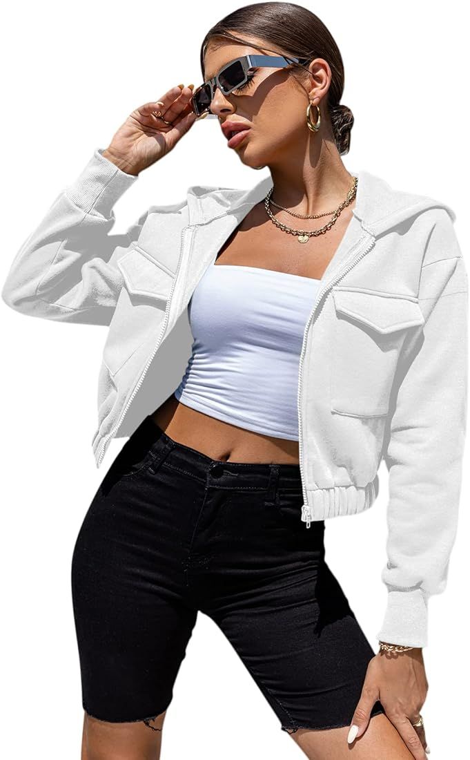 Valpweet Womens Zip Up Cropped Hoodie Fashion Sweatshirt Long Sleeve Casual Cropped Jacket Coat O... | Amazon (US)