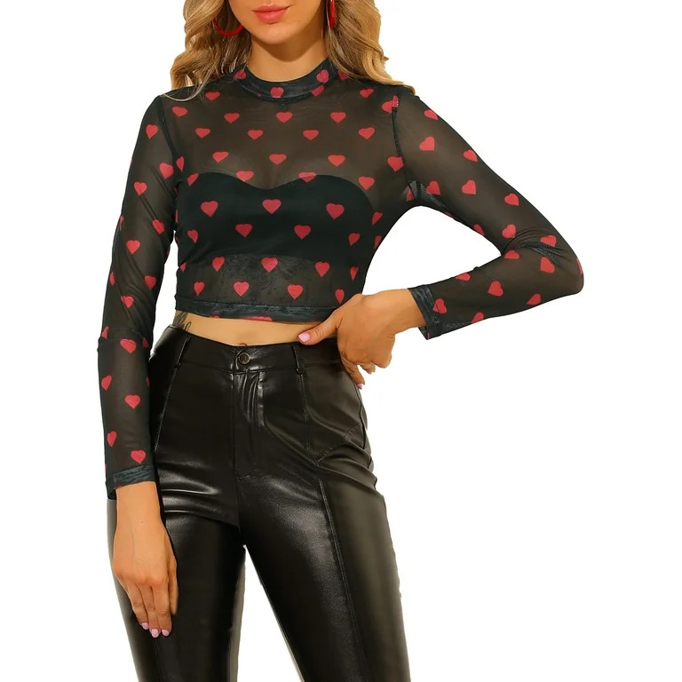 Allegra K Women's  Semi-Sheer Heart Crop Top Party Crew Neck Mesh Blouse XS Black | Walmart (US)