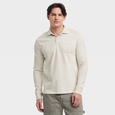 Men's Vintage Long Sleeve Polo Shirt - Goodfellow & Co™ Light Beige L: Midweight Cotton, Standard Fit, Pullover | Target