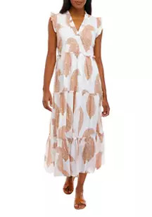 Women's Short Sleeve Ruffle Neck Tiered Midi Dress | Belk