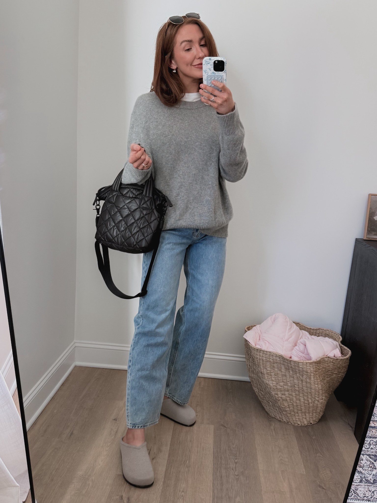 Today’s errands OOTD (I sized up in the sweater, jeans fit tts, shirt fits oversized so get your true size, go down 1/2 in shoes)! 

 @Quince @Aritzia @rothys @Electric Picks Jewelry 

#LTKgrwm #LTKmomlife #LTKootd