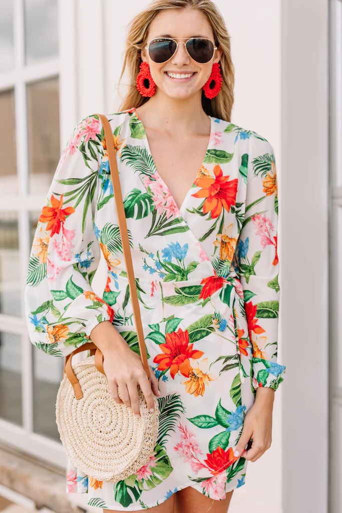 Here With You White Tropical Wrap Dress | The Mint Julep Boutique