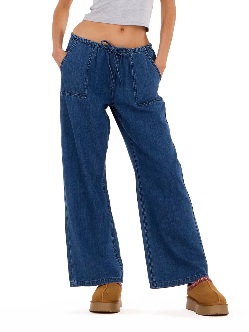 Forever 21 Women\u2019s Wide Leg Lightweight Denim Pants with Adjustable Drawstring Waist, Side P... | Walmart (US)