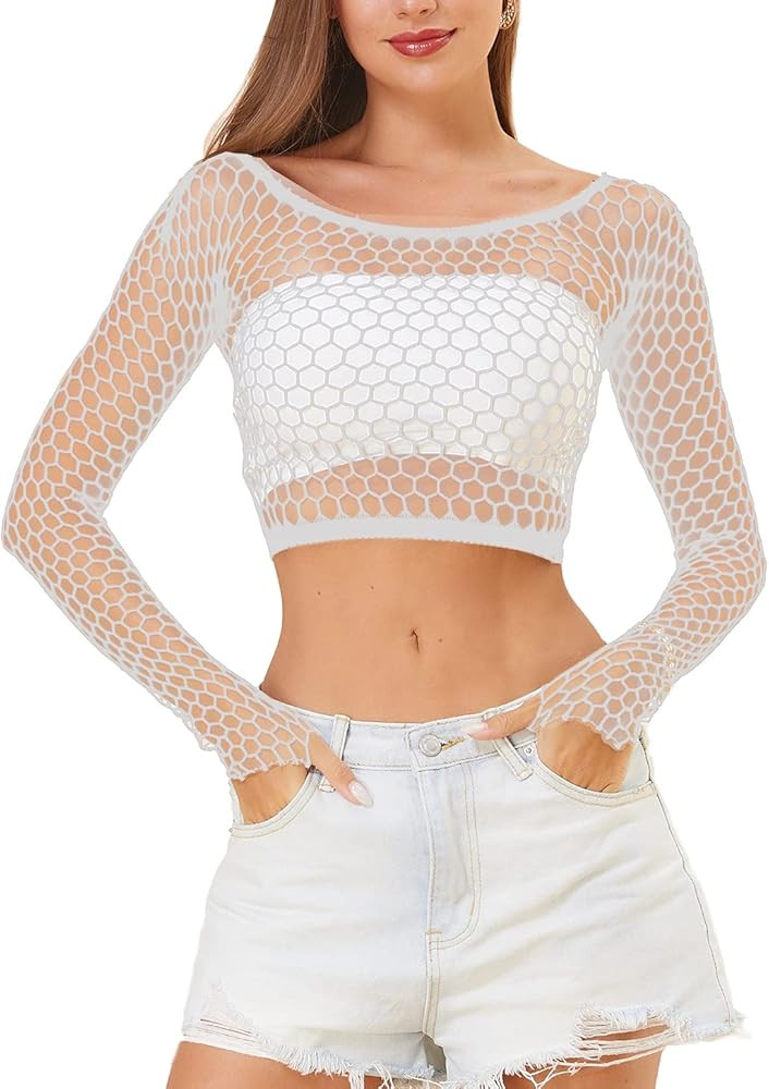 Lemon Girl Women Fishnet Long Sleeve Top Lingerie Babydoll Chemise Mesh Shirt One Size US2-16 | Amazon (US)