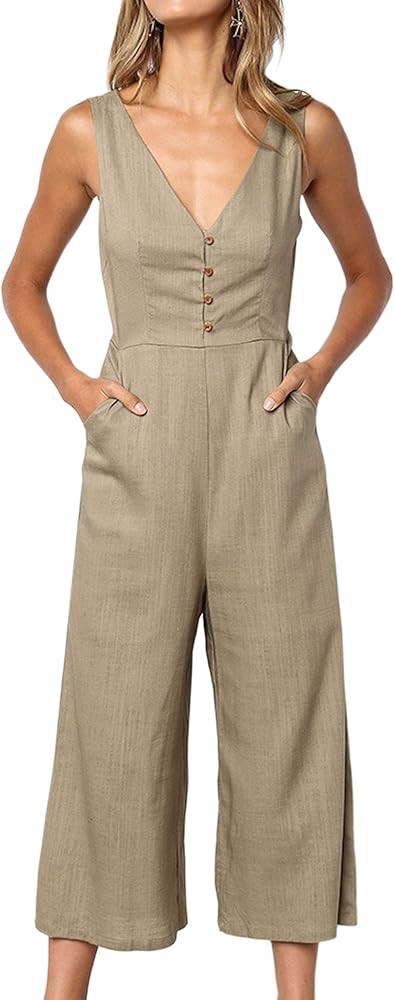ECOWISH Womens Jumpsuits Casual Button Deep V Neck Sleeveless High Waist Wide Leg Jumpsuit Romper... | Amazon (US)