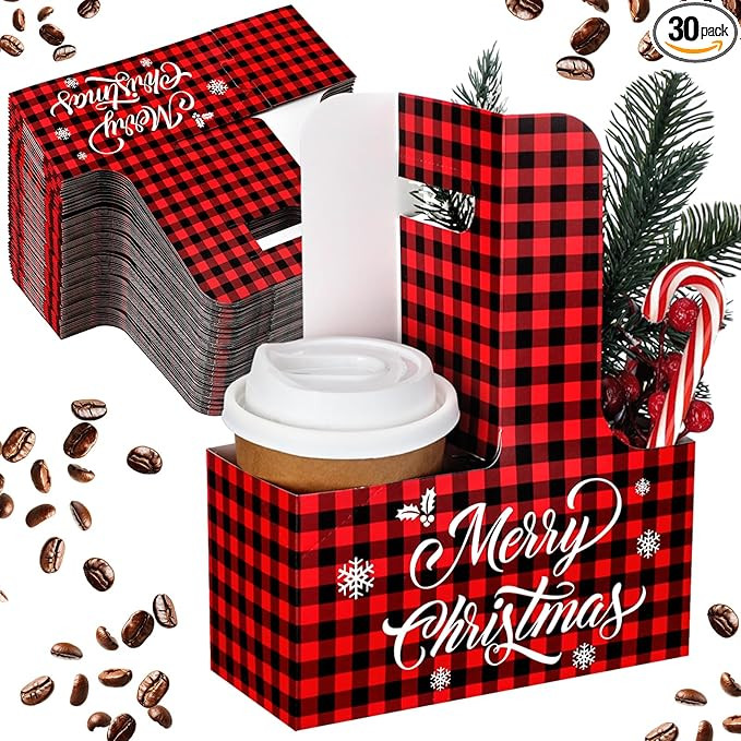 30 Pcs Christmas 2 Cup Drink Carrier with Handle Red and Black Buffalo Plaid Paper Cup Holder Bul... | Amazon (US)
