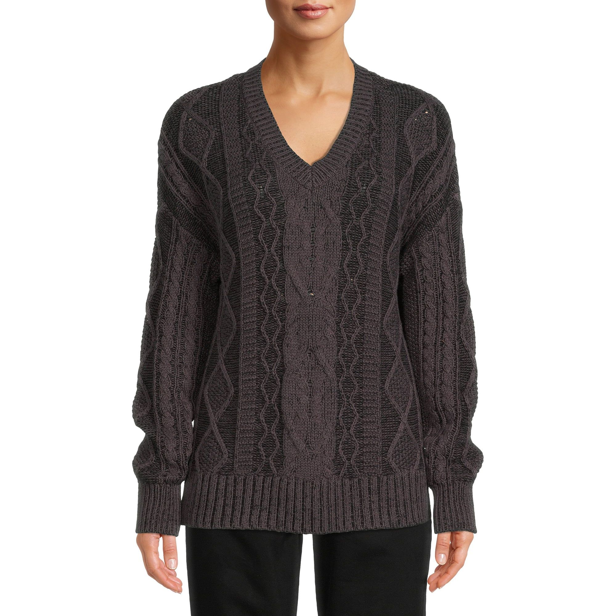 Time and Tru Women’s Cable Sweater with V-Neck | Walmart (US)