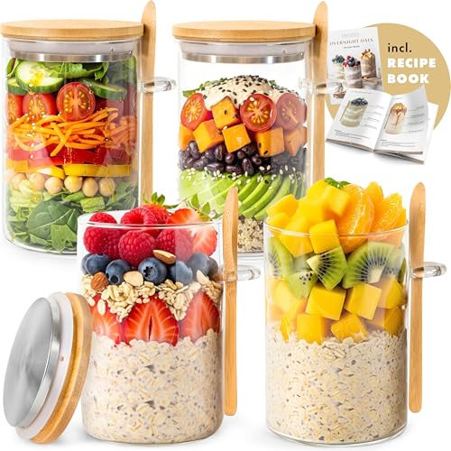 Overnight Oats Containers with Lids, Labels & Spoons (4 x 16oz) Glass Jars for Oatmeal, Meal Prep, Food Storage | Leak-Proof Mason Jars for Oats, Cereal, Yogurt, Chia Pudding [Thicker Glass 3mm] | Amazon (US)