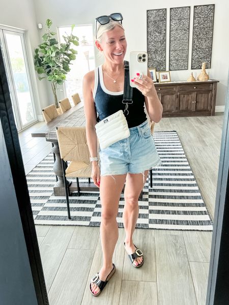 Love this black and white trim tank top (mine is from Abercrombie but Target makes an identical one) with jean shorts, birkenstock sandals and a white Fanny pack. Size 26 shorts and small tank. 38 sandals  

#LTKShoeCrush #LTKStyleTip #LTKOver40