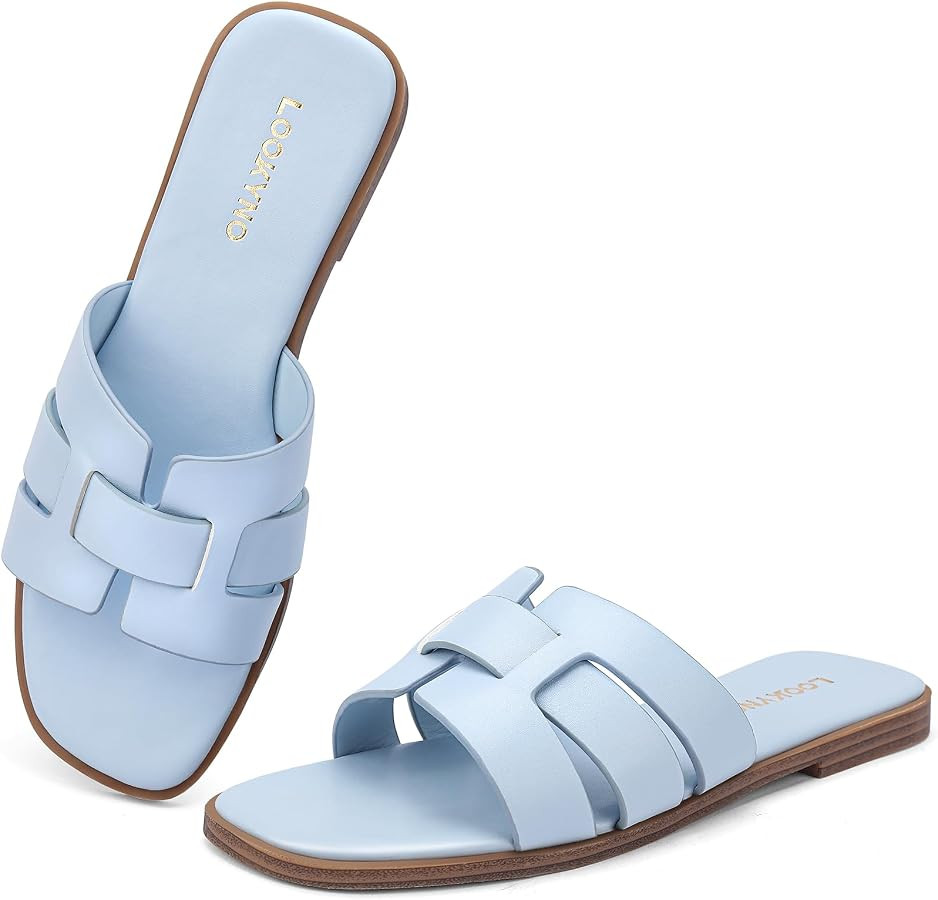 Flat Sandals for Women Comfortable Slip On Dressy Summer Leather Slides with Square Open Toe | Amazon (US)