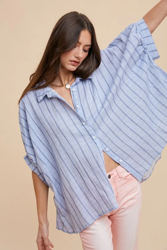 Annie Wear Striped Button Up Half Sleeve Shirt Lt Blue / S | Casual Chic Boutique