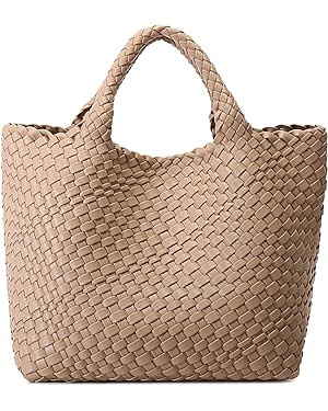 Woven Bag for Women, Vegan Leather Tote Bag Large Summer Beach Travel Handbag and Purse Retro Han... | Amazon (US)