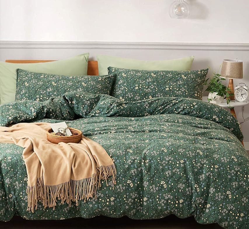 Floral Dark Green Duvet Cover Set Queen Jersey Knit Cotton Duvet Cover Olive Green Bedding Set Ye... | Amazon (US)