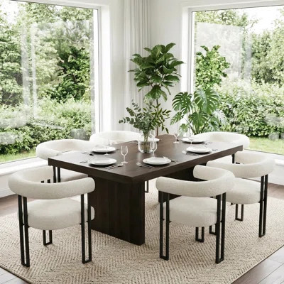 Modern Boucle Upholstered Dining Chairs, Curved Open-Back Armchairs With Black Metal Legs | Wayfair North America