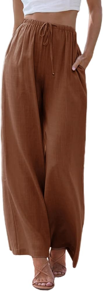 Tanming Wide Leg Linen Pants for Women Summer Flowy High Waisted Beach Palazzo Trousers | Amazon (US)