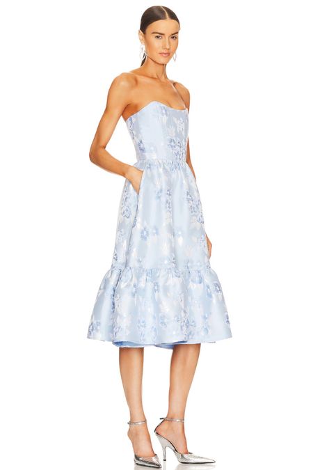 This strapless light blue midi dress is perfect for a spring wedding guest dress!

#LTKwedding