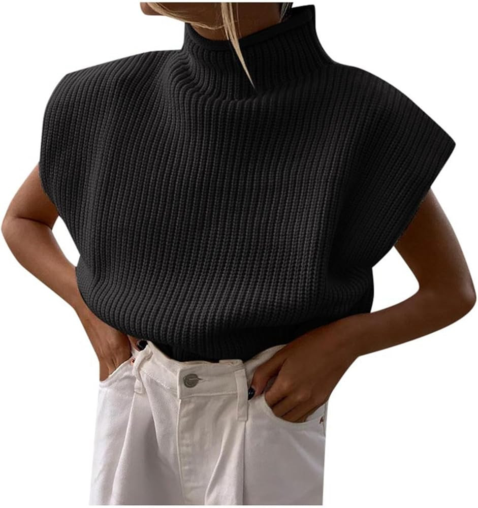 Women's Knit Sweater Vest Sleeveless Shoulder Pad Turtleneck Pullover Solid Knitted to | Amazon (US)