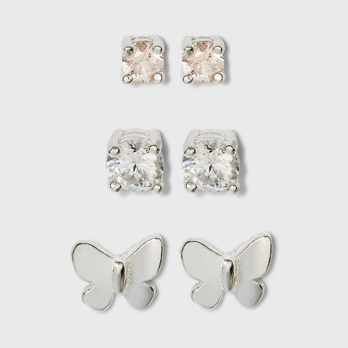Sterling Silver Cubic Zirconia and Butterfly Stud Earring Set 3pc - A New Day™ Silver | Target