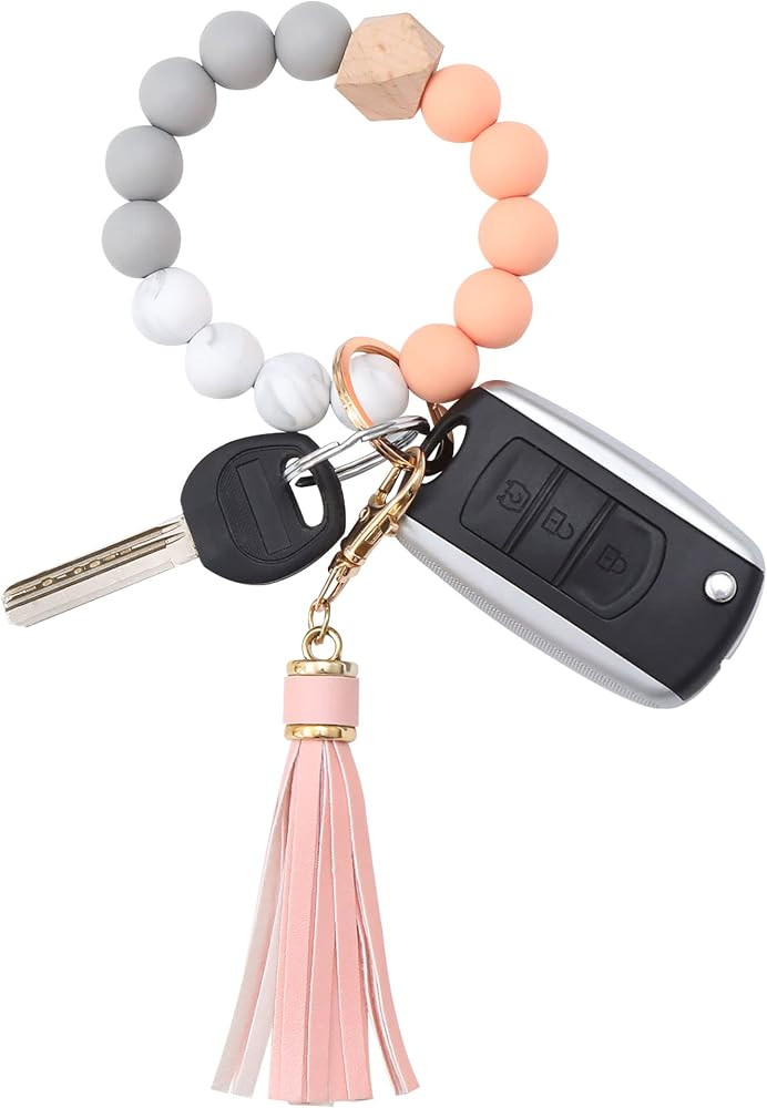 BAOSIWA Silicone Beaded Bracelet Keychain Wristlet Key Ring Bangle Chains for Women with Leather ... | Amazon (US)
