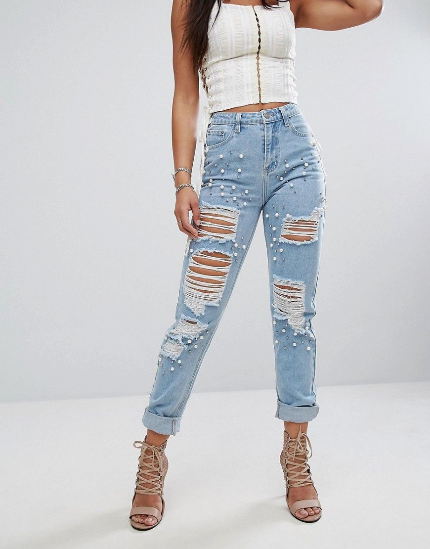 Glamorous Jeans With All Over Studs And Distressing - Blue | Asos EE