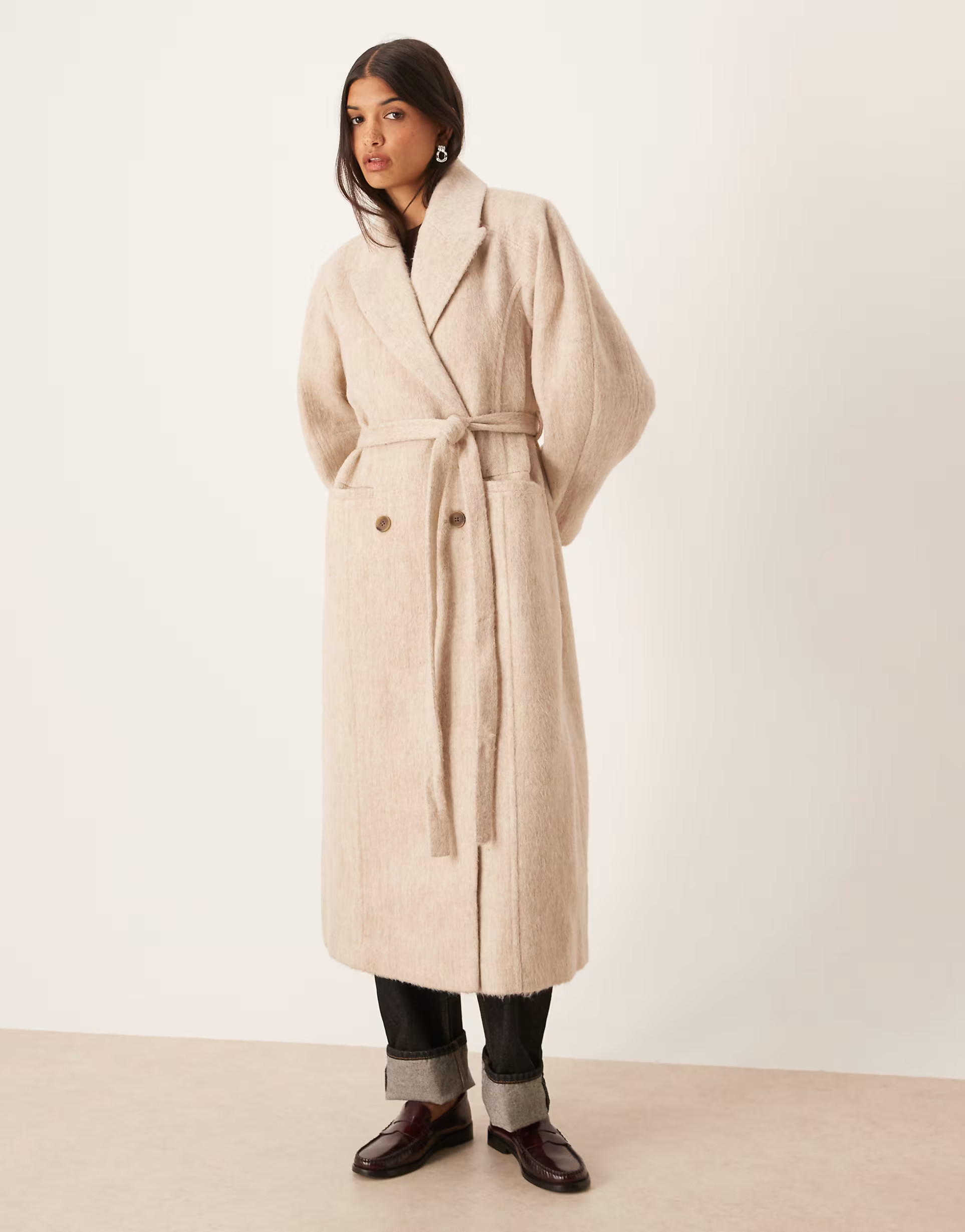 ASOS DESIGN brushed coat with dome sleeve and skinny belt in oatmeal | ASOS (Global)