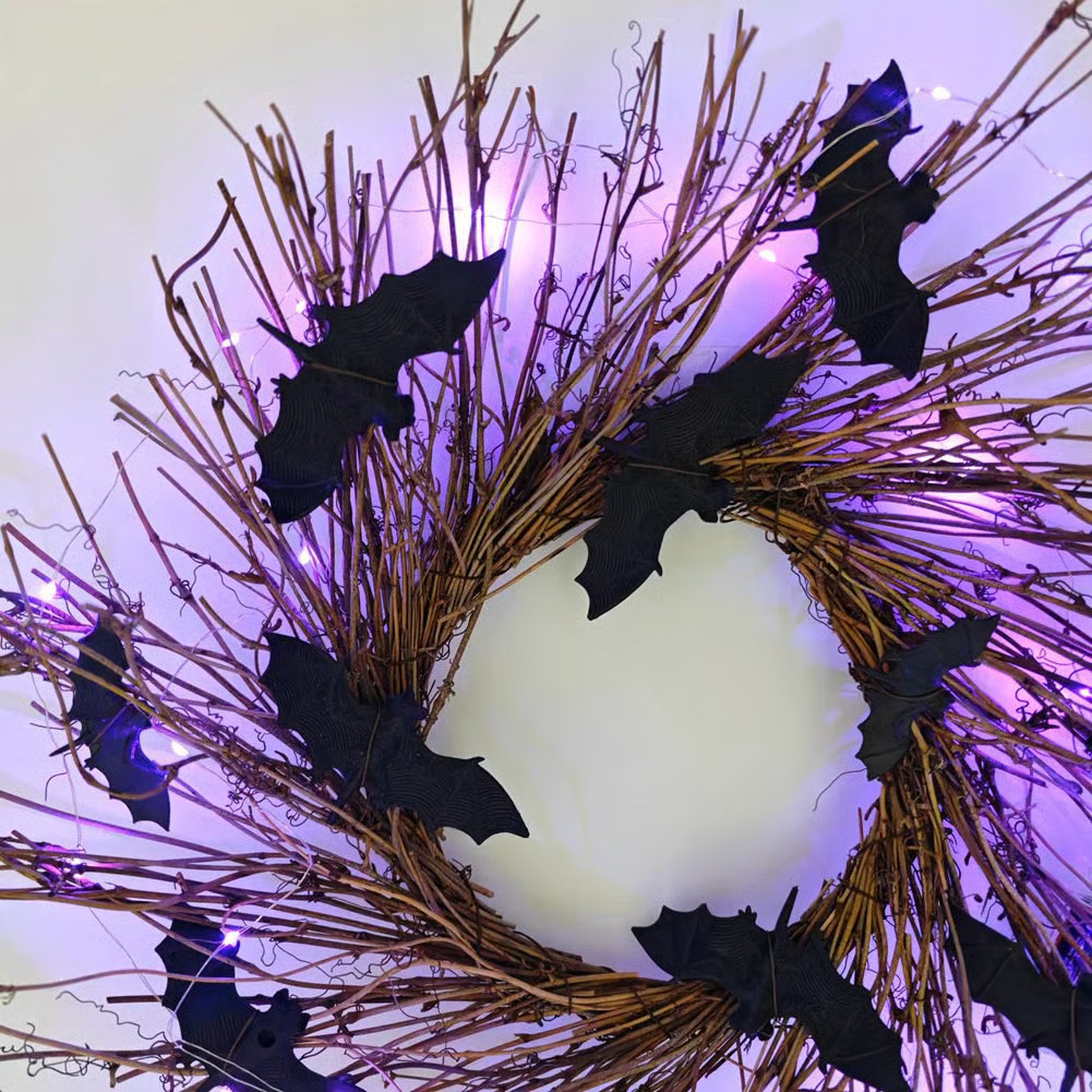 The Holiday Aisle® 17.7 Inch Prelit Black Halloween Wreath With Bats Timer 30 LED Purple Lights ... | Wayfair North America