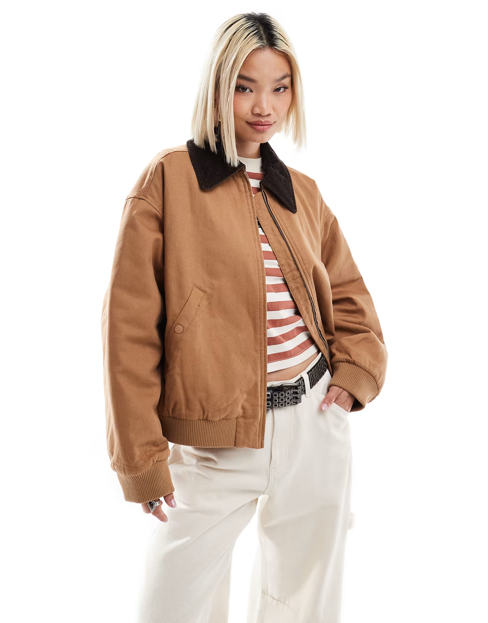 Monki barn jacket in light brown with contrast cord collar | ASOS (Global)