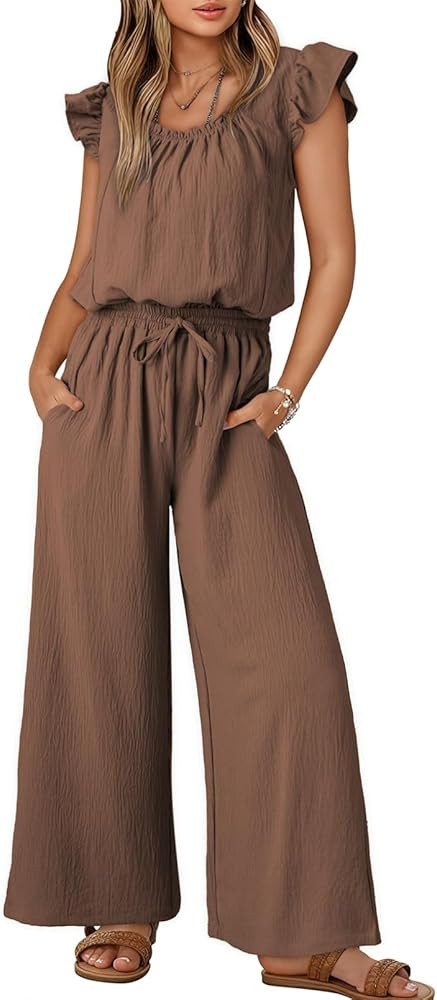 Dokotoo Jumpsuits for Women 2025 Summer Ruffle Sleeves Square Neck Rompers Drawstring Overalls wi... | Amazon (US)