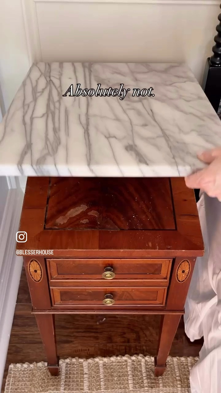 Found the prettiest vintage wood nightstands on Facebook Marketplace, but the tops had seen better days. So instead of sanding, staining, or refinishing, I gave them marble tops... made from kitchen cutting boards.
Cheaper than buying marble remnants.
Sometimes the easiest fix is the best one! And I'm not mad about how expensive they look now.