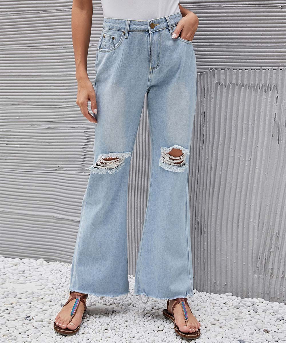 NXH Women's Denim Pants and Jeans Light - Light Blue Ripped Flare Jeans - Women | Zulily