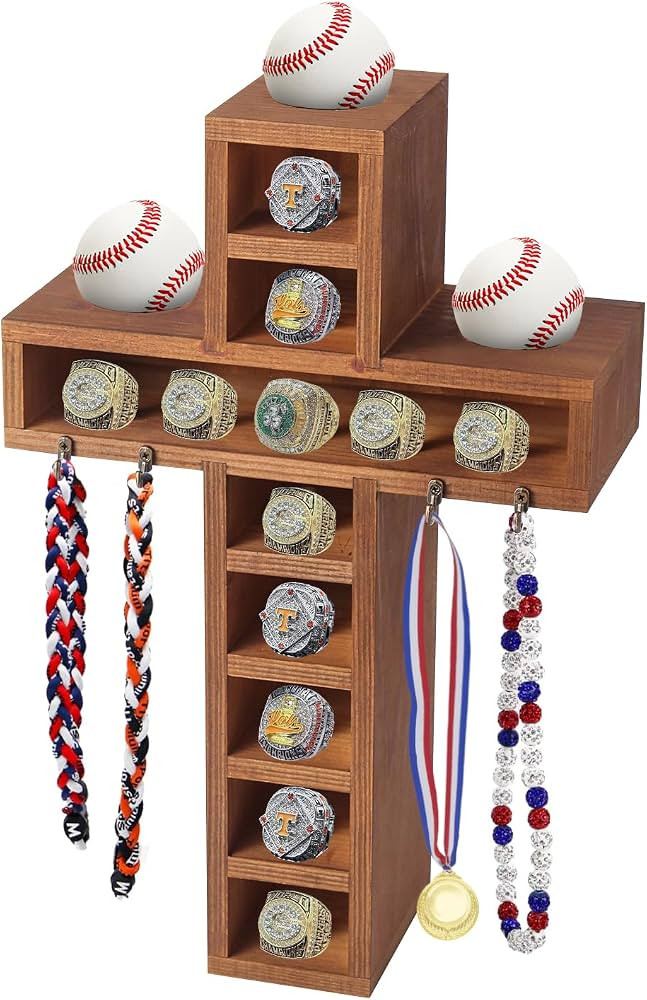 Cross Baseball Ring Display Case with 4 Hooks and 3 Baseball Display Location,Baseball Ring Holde... | Amazon (US)