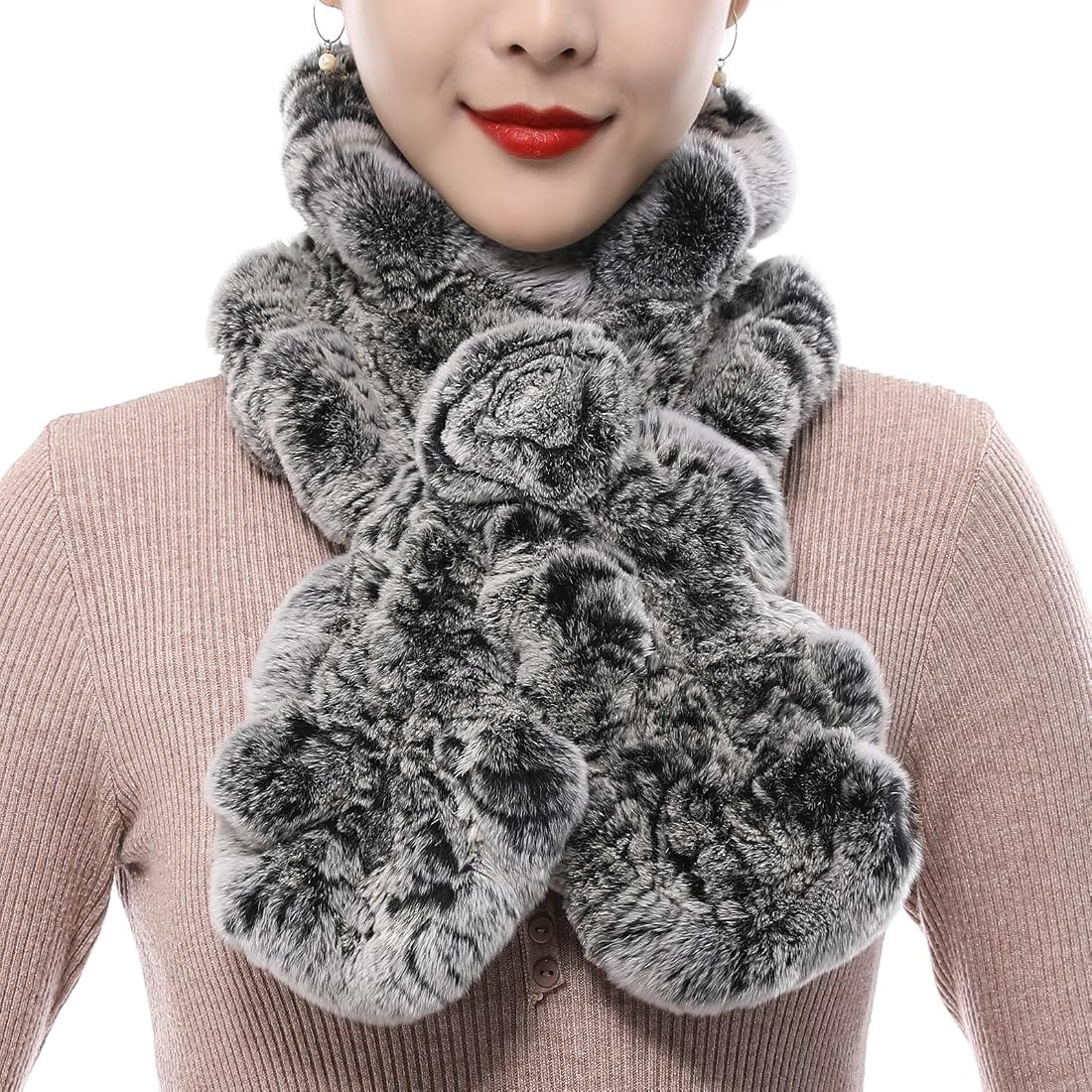 Valpeak Fur Scarves for Women Rabbit Fur Scarf Wrap Wave Cut Fur Neck Warmer Scarf for Winter Kni... | Amazon (US)